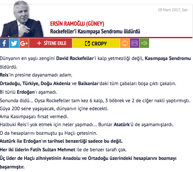 Pro-gov’t columnist: Rockefeller died as he couldn’t cope with Erdoğan’s leadership