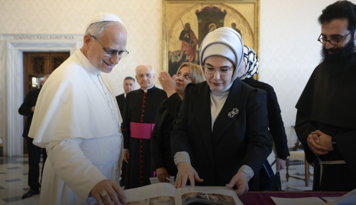 Turkey’s first lady touts religious tolerance at Vatican as rights violations surge at home